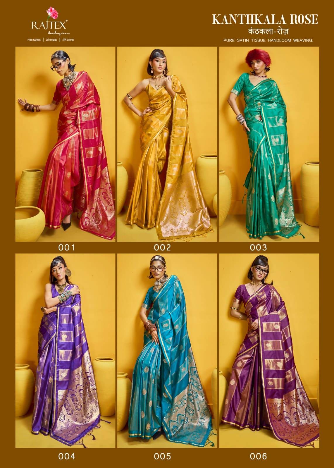 KANTHKALA- ROSE BY RAJ TEX 001 TO 006 Series Indian Traditional Wear Collection Beautiful Stylish Fancy Colorful Party Wear & Occasional Wear Satin Crepe Sarees At Wholesale Price
